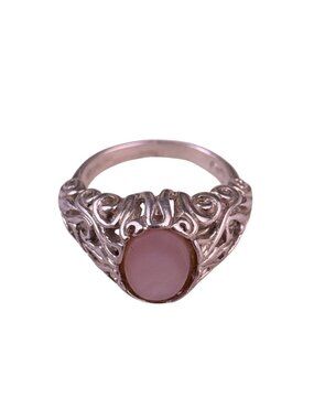 Sterling Womens Silver Tone Pink Opal Gemstone Filigree Ring Size 5 Intricate De